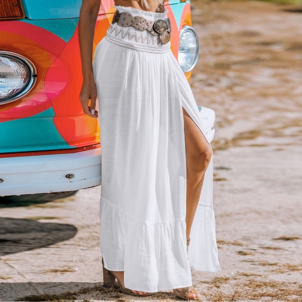 Women's White Smocked Waist Flounce Hem Cover-Up Maxi Skirt - Cupshe-S-White - Picture 5 of 7